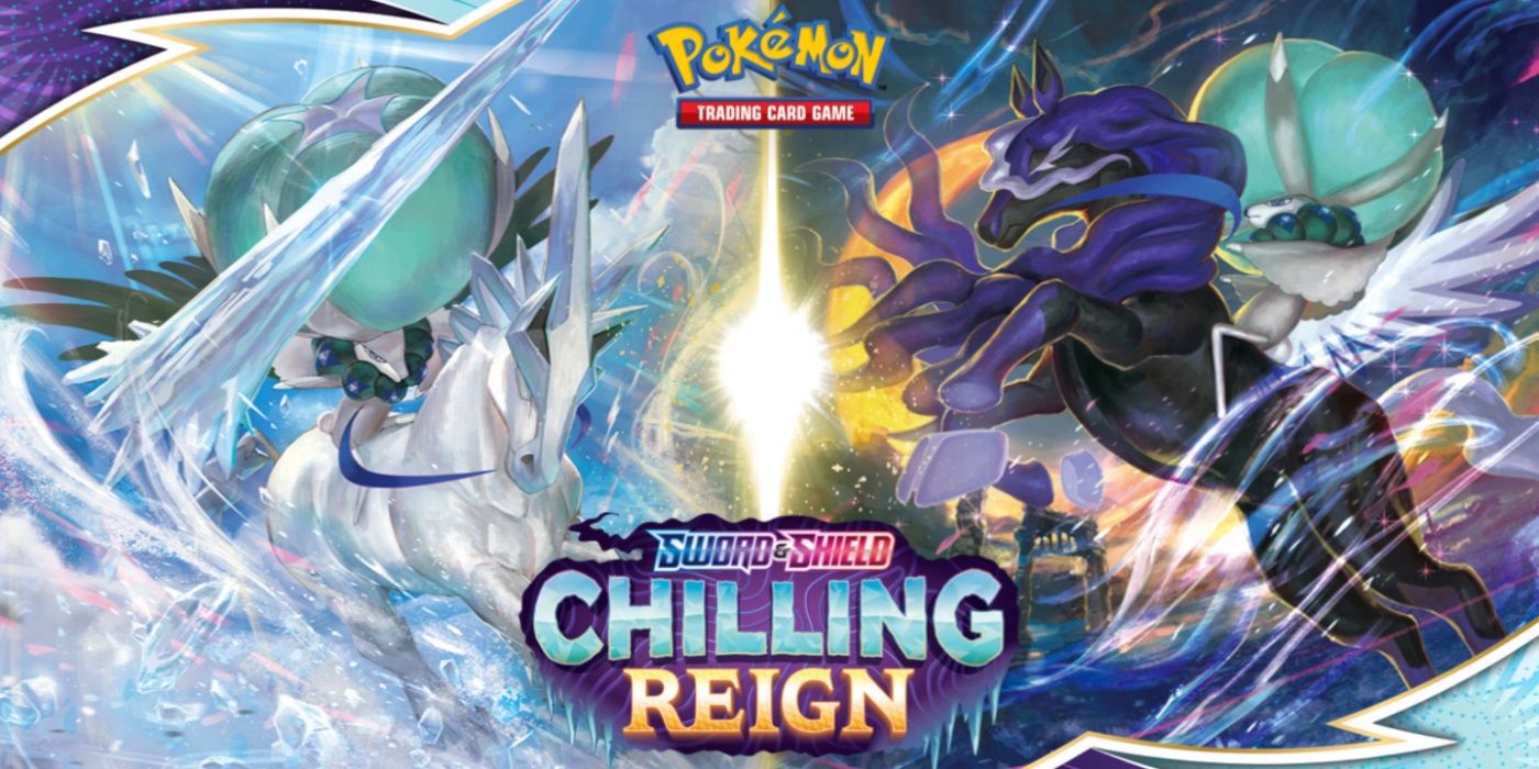 Arte principal da expansão Chilling Reign do Pokémon TCG apresentando as formas alternativas de Calyrex.