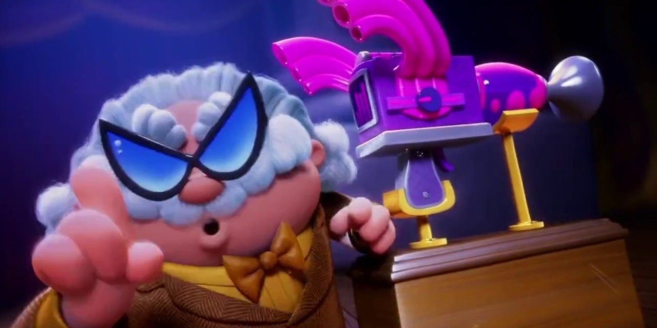 Professor Poopypants com uma invenção no filme Capitão Cueca