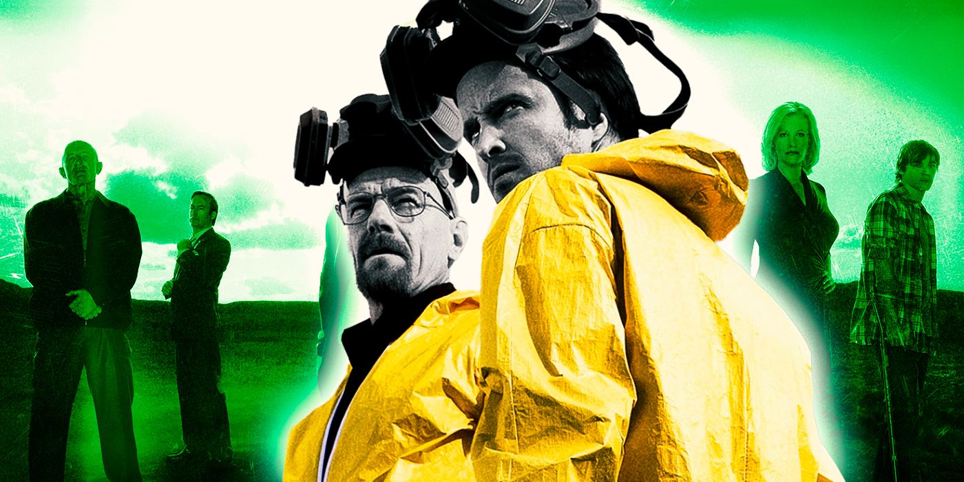 Walter White and Jesse Pinkman in yellow Hazmat suits in front of Breaking Bad cast in green