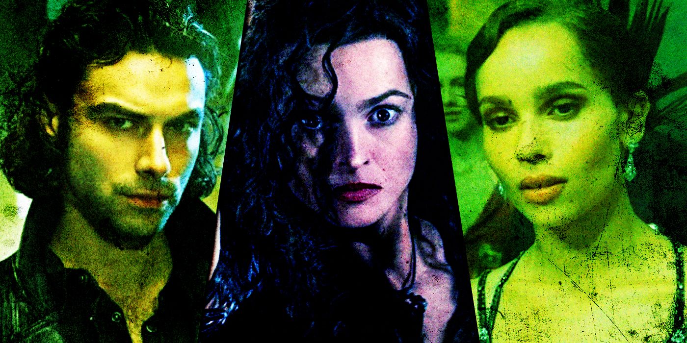Split image of Rodolphus, Bellatrix and Leta Lestrange from Harry Potter.