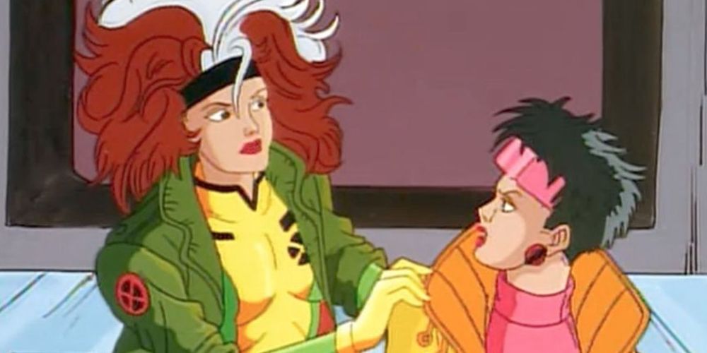 Jubilee is yelling at Rogue as Rogue puts her hands on her shoulder in X-Men The Animated Series