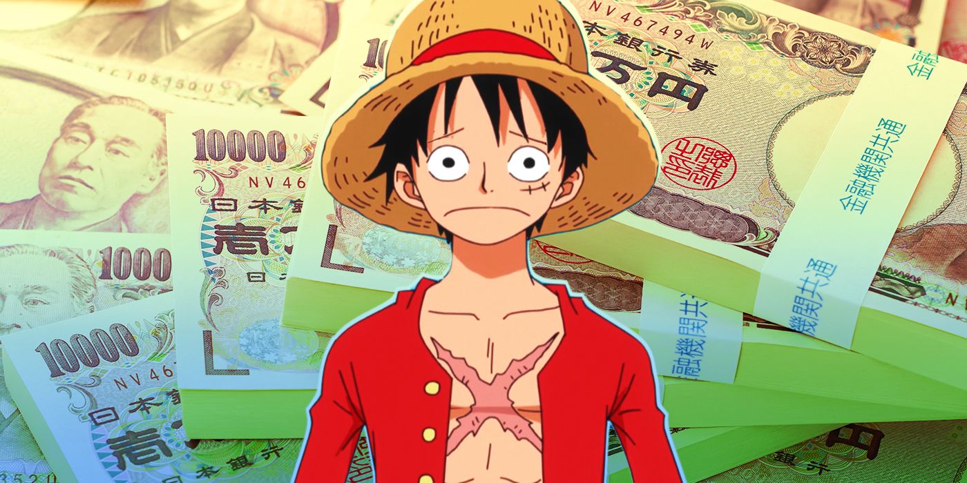 Luffy from One Piece looking sad in front of Japanese yen bills
