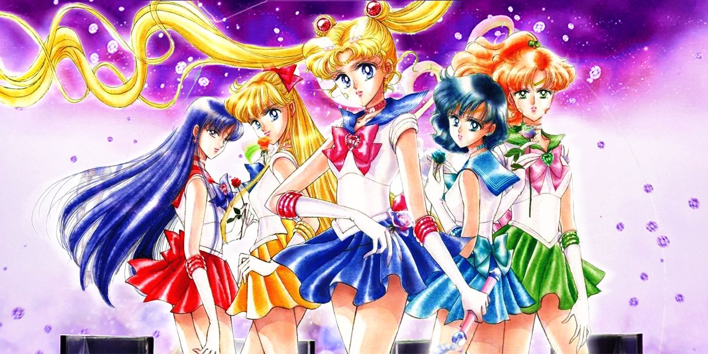 Sailor Moon's Usagi surrounded by her fellow Sailor Scouts from the manga