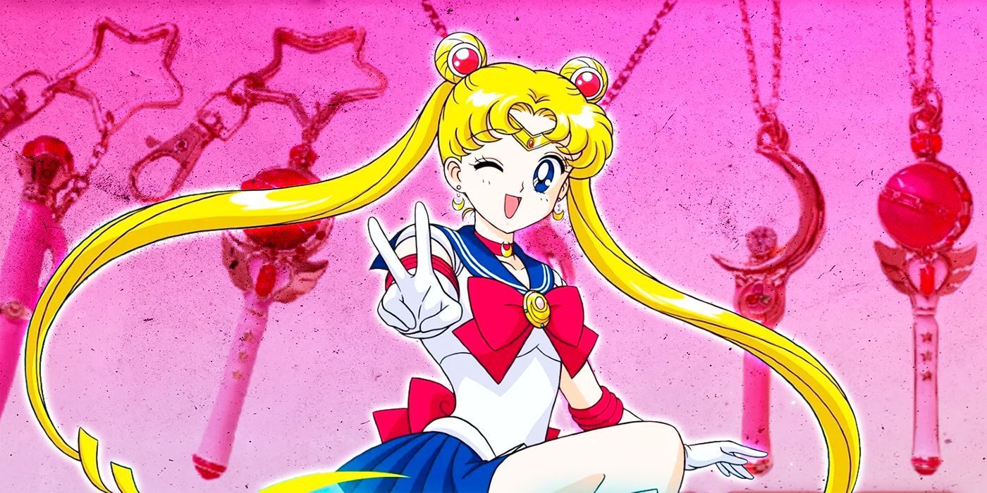 Usagi as Sailor Moon in the titular anime winking beside transforming magical items