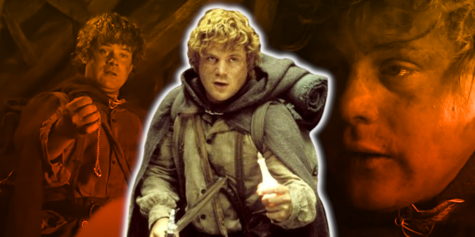 Sean Astin as Samwise Gamgee in front of closeups of himself from The Lord of the Rings