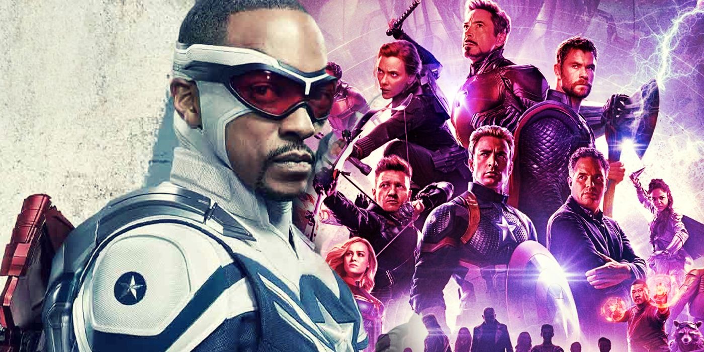 Split: Sam Wilson's Captain America (Anthony Mackie) beside the Avengers in Avengers: Endgame
