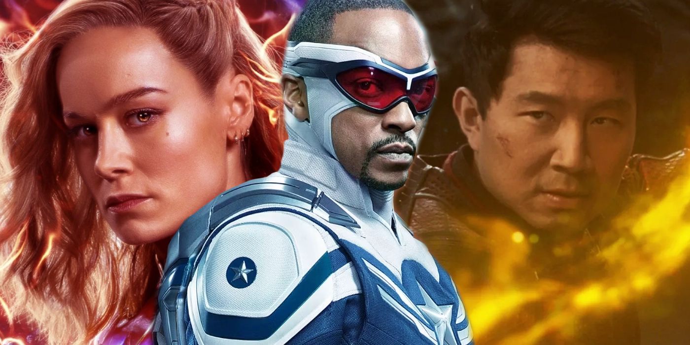 Split: Brie Larson as Captain Marvel; Anthony Mackie as Captain America: Simu Liu as Shang-Chi in the MCU
