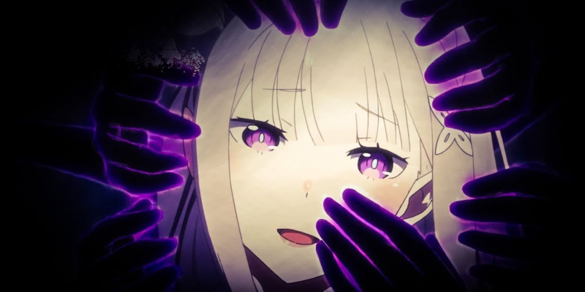 Satella from ReZero, also known as the Witch of Envy, gets enveloped by shadowy hands.