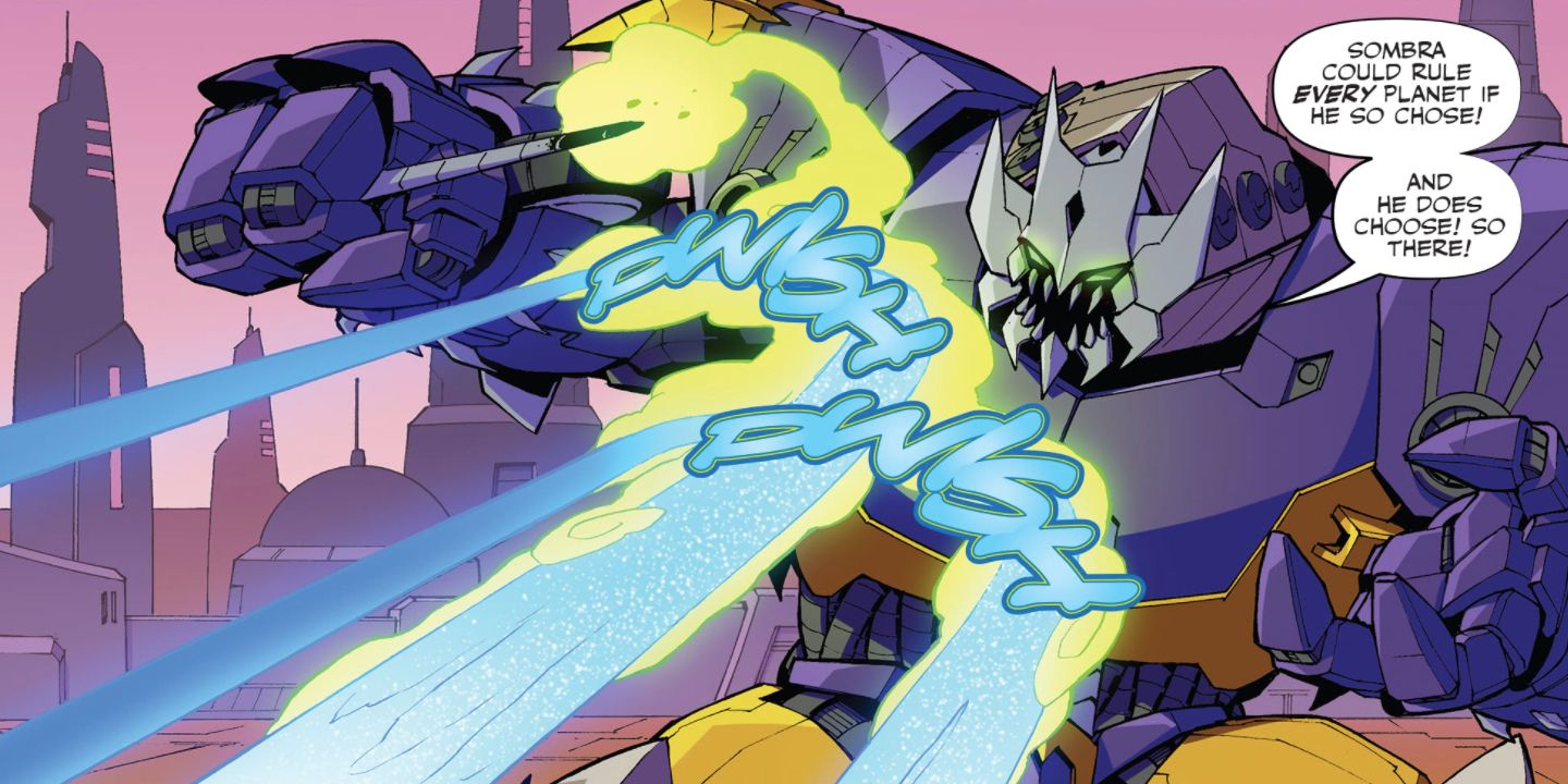 Killmaster deflecting attacks from Arcee and Greenlight; from IDW Publishing