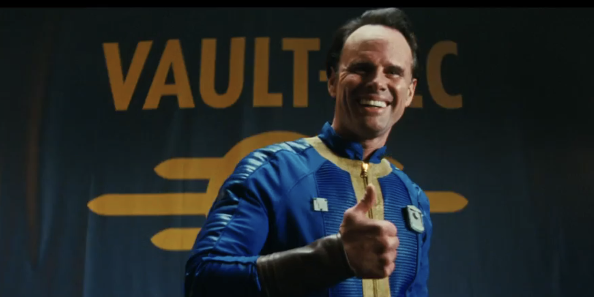 Walton Goggins as Cooper Howard posing for Vault Boy in Fallout