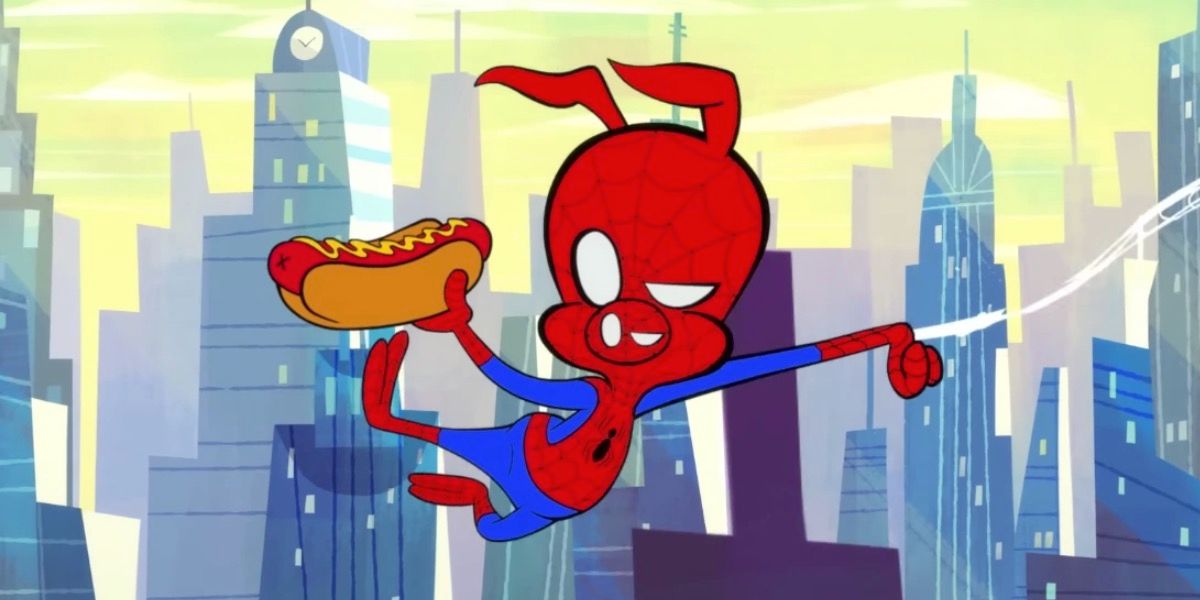Peter Porker swings around with a hotdog in Into the Spider-Verse