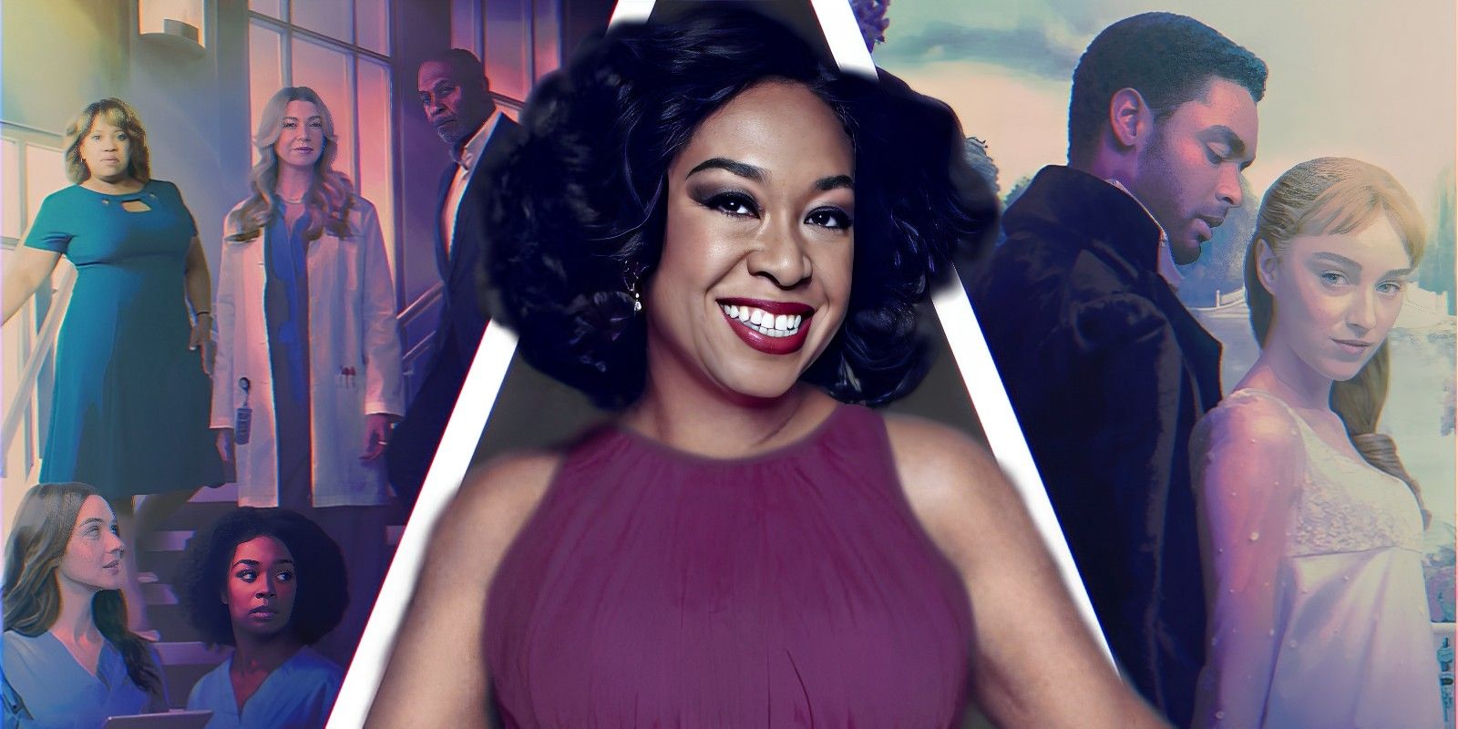 Shonda Rhimes smiling alongside the posters from Bridgerton and Grey’s Anatomy.