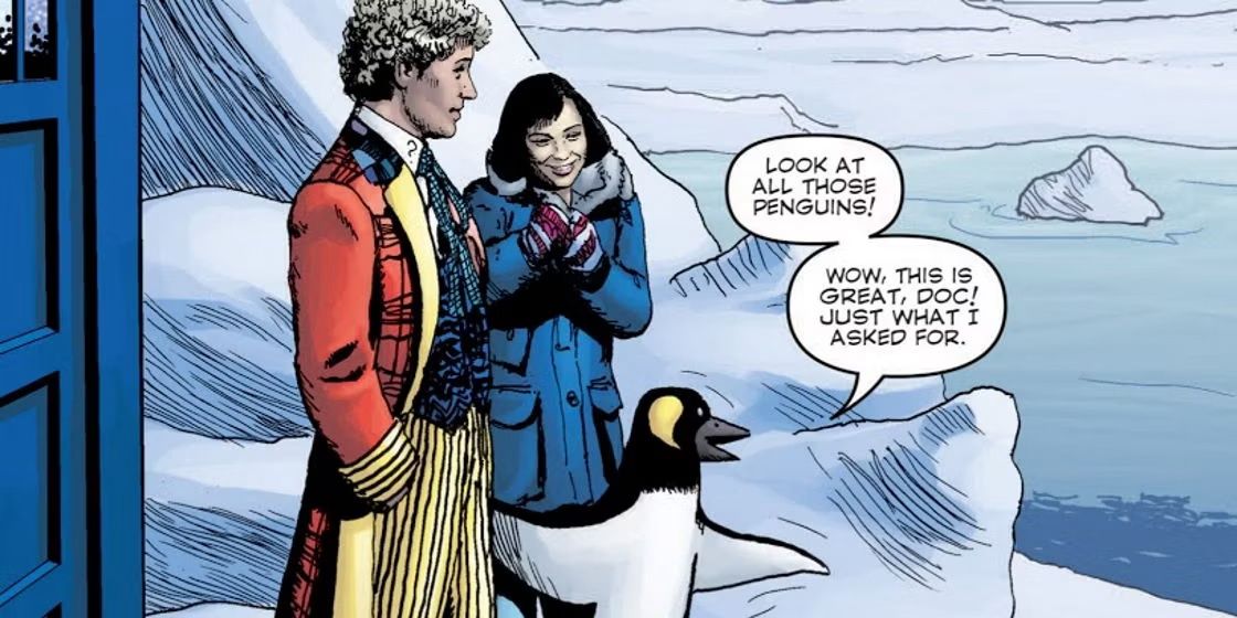 Sexto Doctor, Peri e Frobisher chegam ao Ártico em Doctor Who.