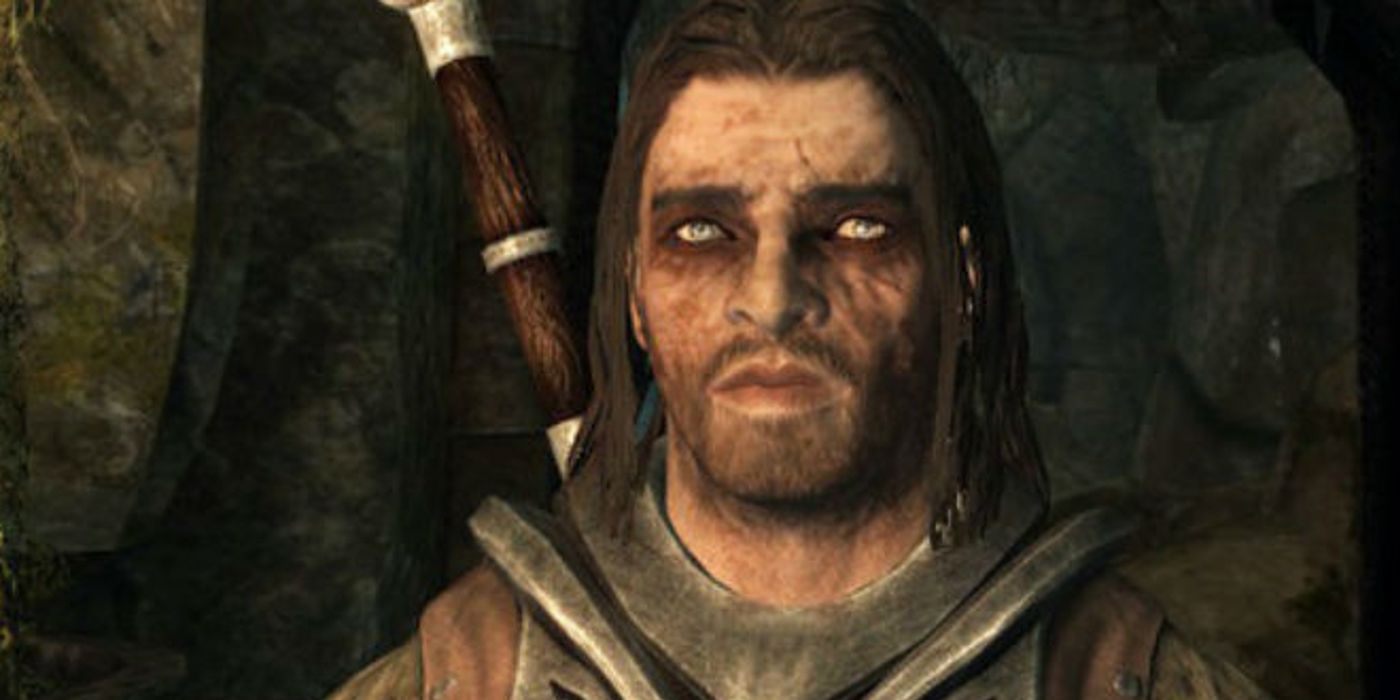 The image is depicting a close-up shot of Farkas from Elder Scrolls V: Skyrim staring at the camera.