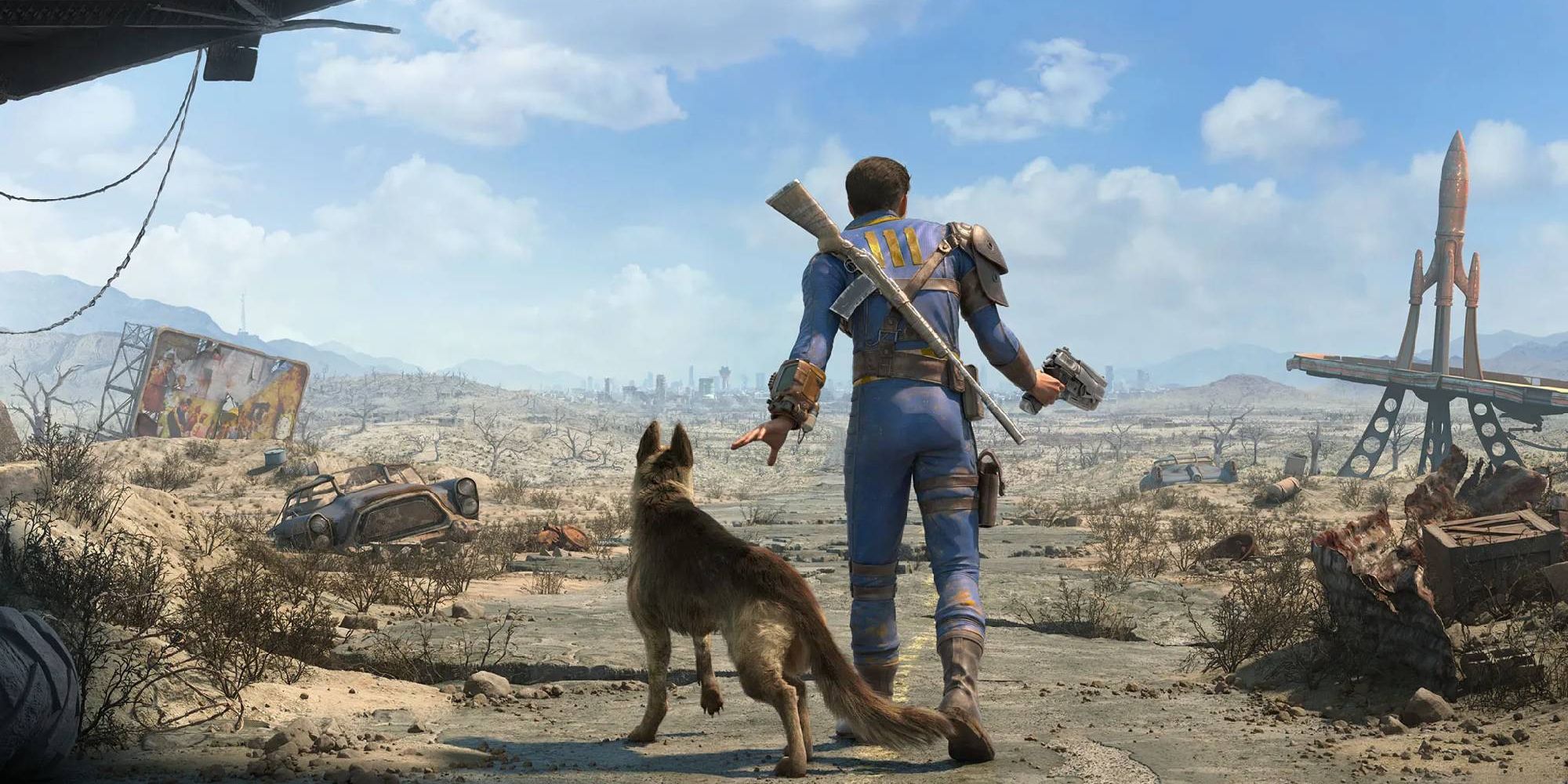 Sole Survivor goes to pet Dogmeat as they begin their journey in Fallout 4's Commonwealth
