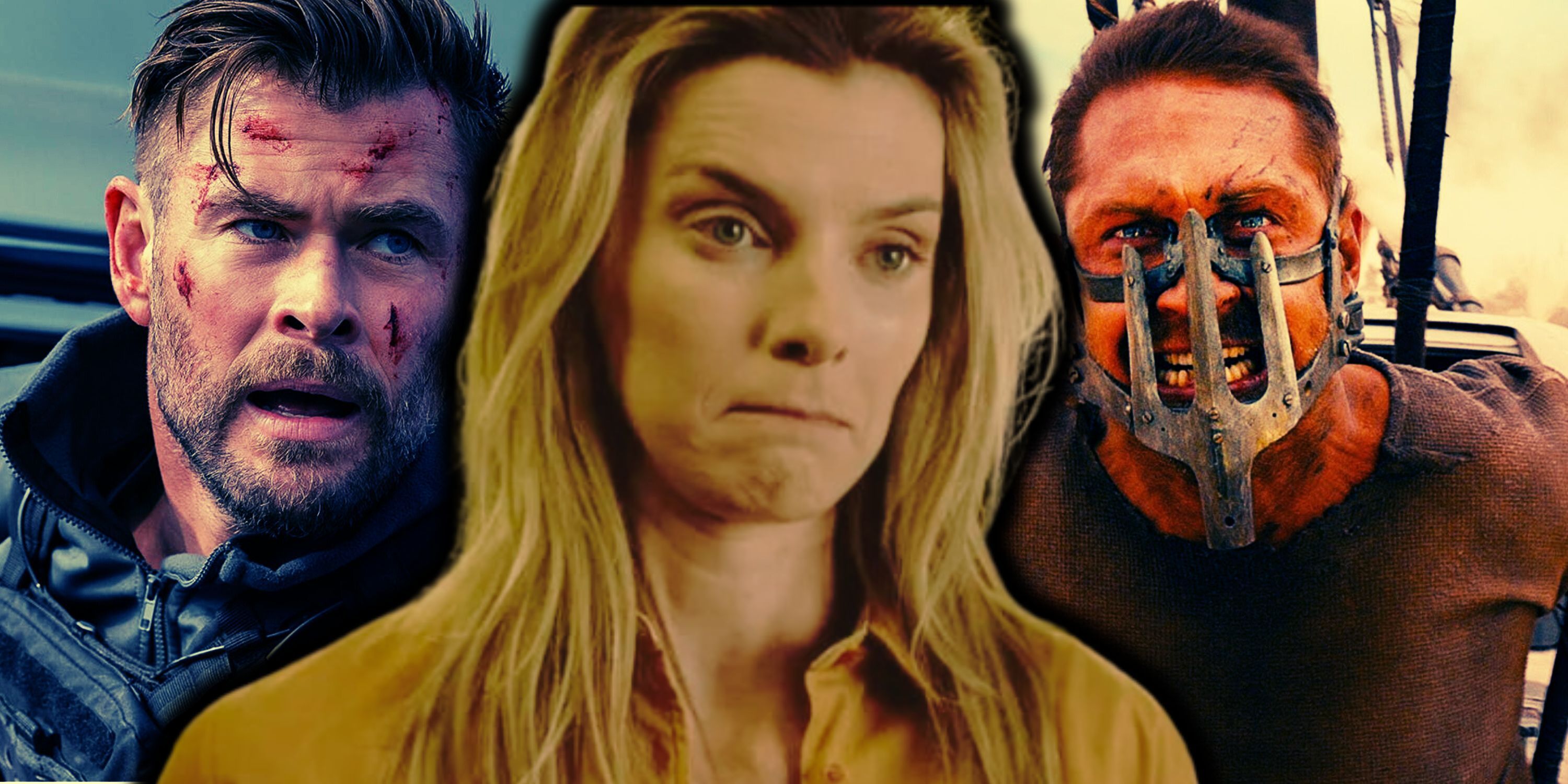composite image Chris hemsworth tyler rake extraction, betty gilpin crystal the hunt, mad max fury road tom hardy