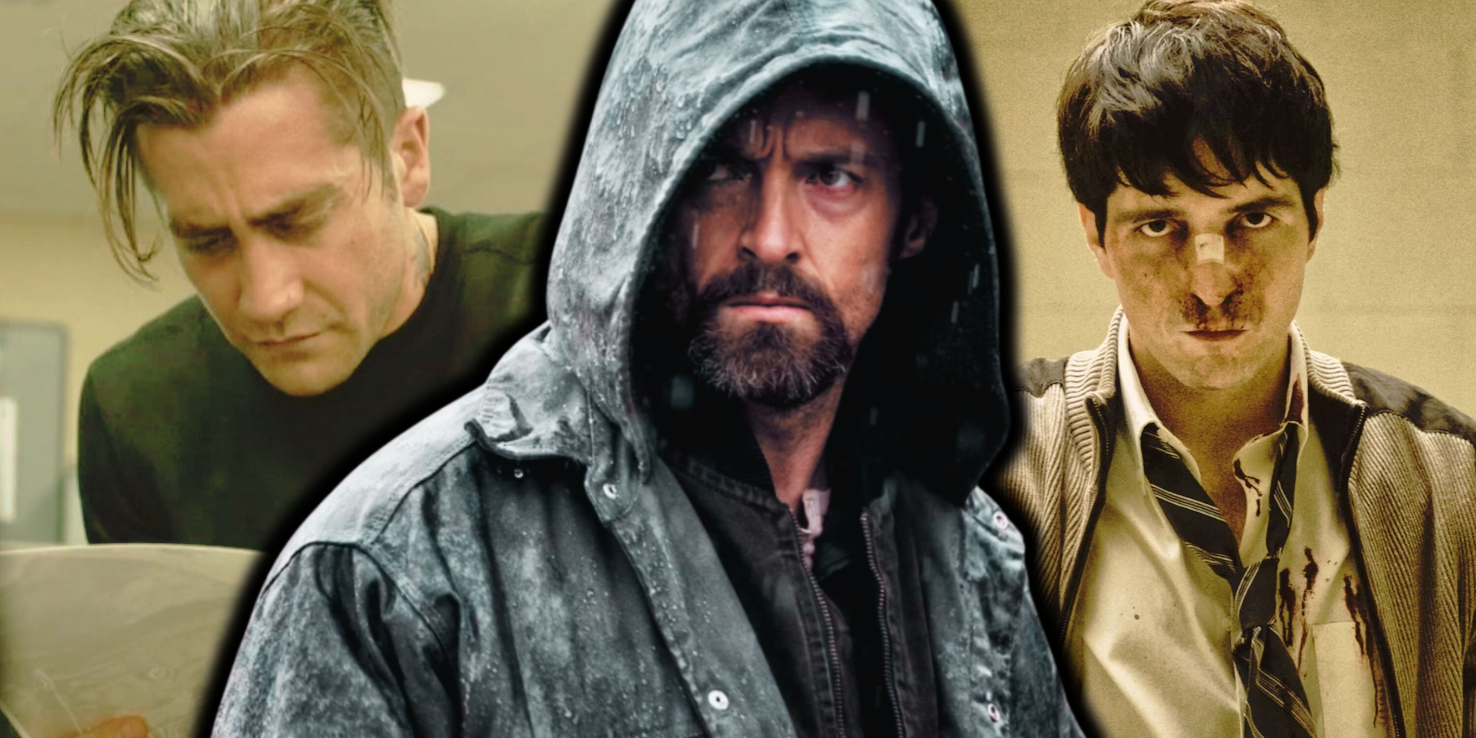 Composite image Jake Gyllenhaal, Hugh Jackman and David Dastmalchian in Prisoners 2013