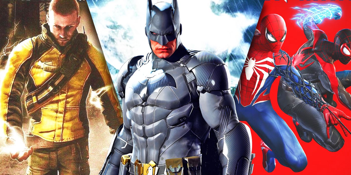 Split Images of Arkham Batman games, inFamous, and Marvel's Spider-Man 2