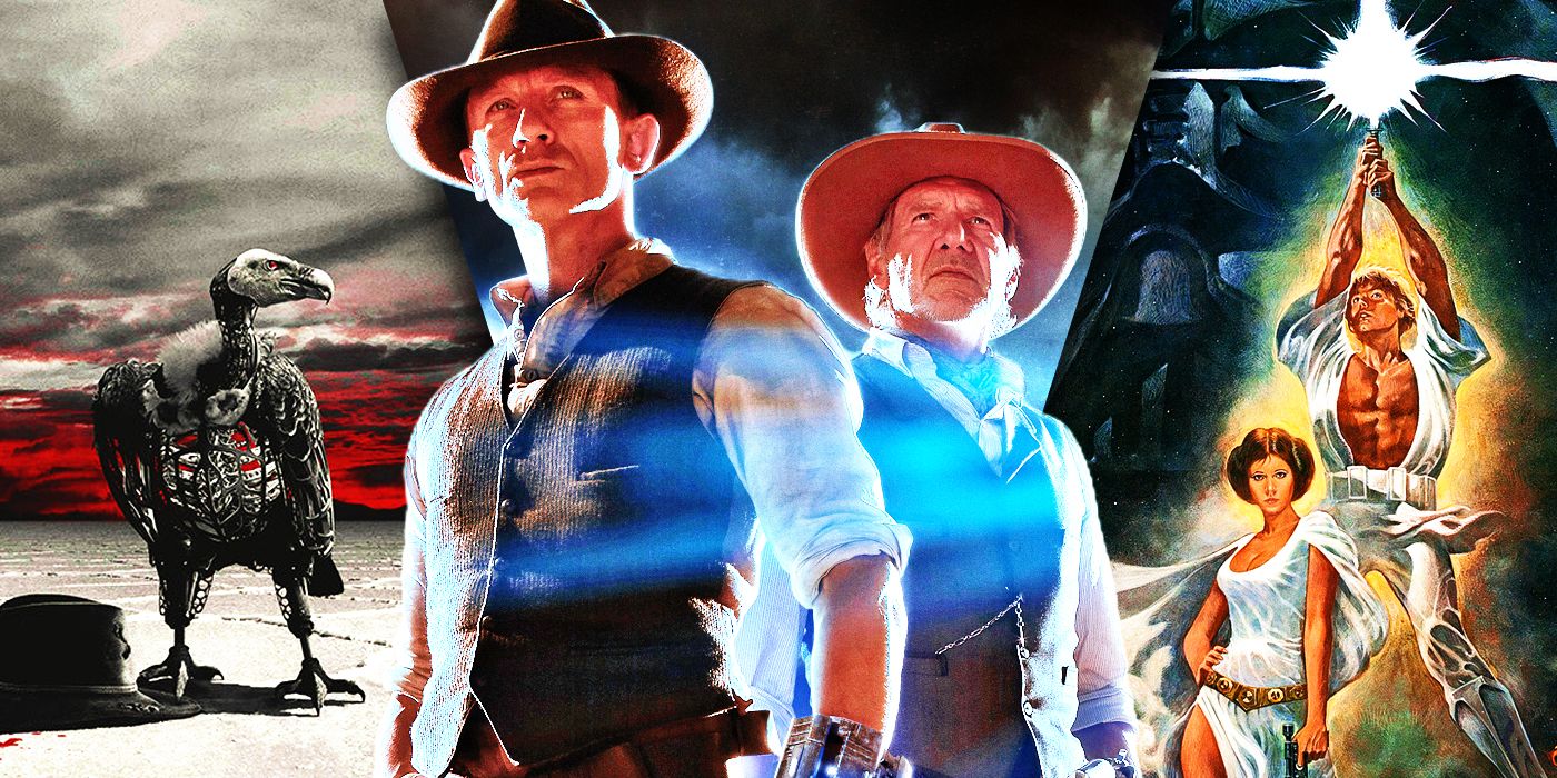 Split Images of  Cowboys & Aliens, Westworld, and A New Hope