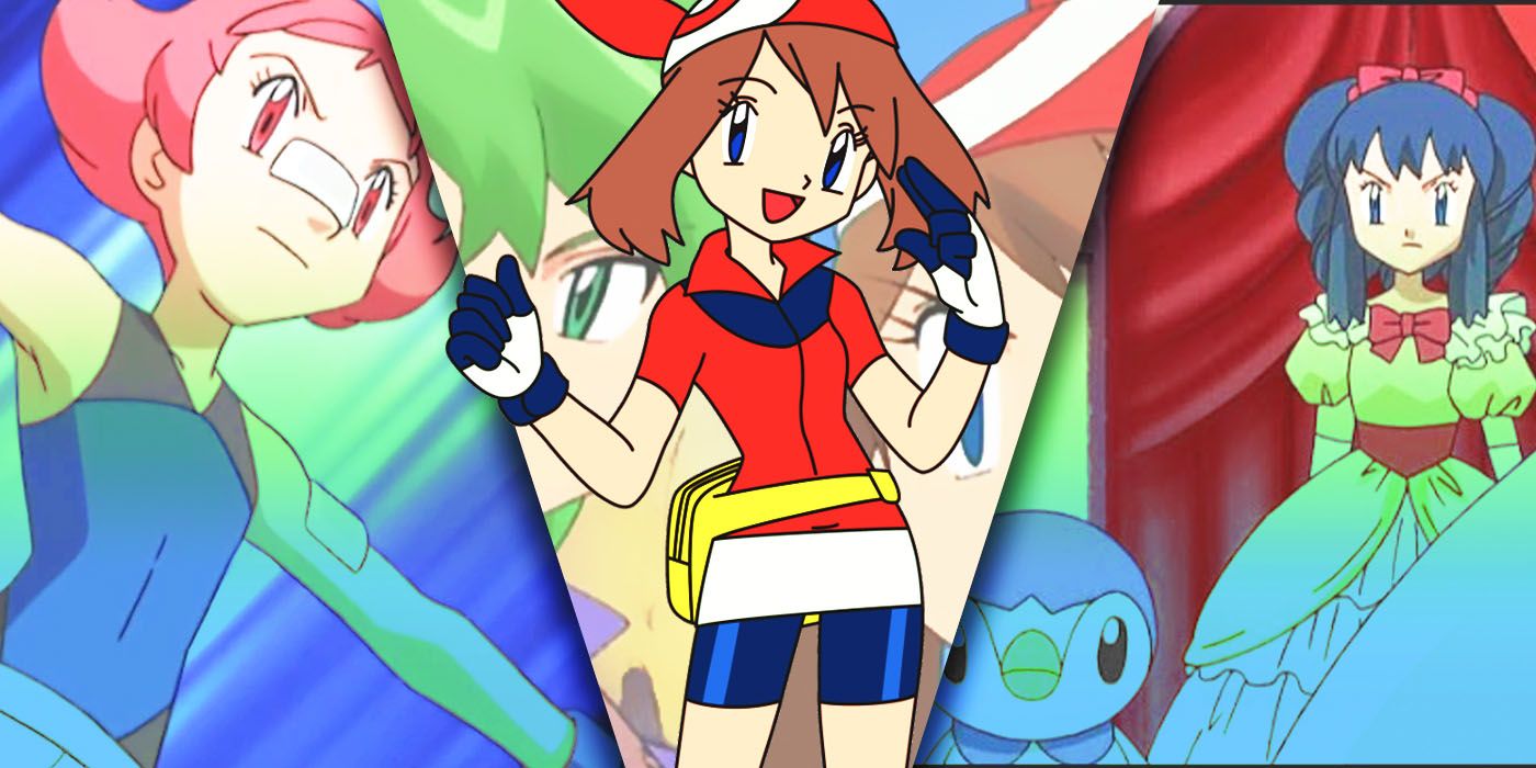 Split images of Maylene, May, and Dawn Pokemon