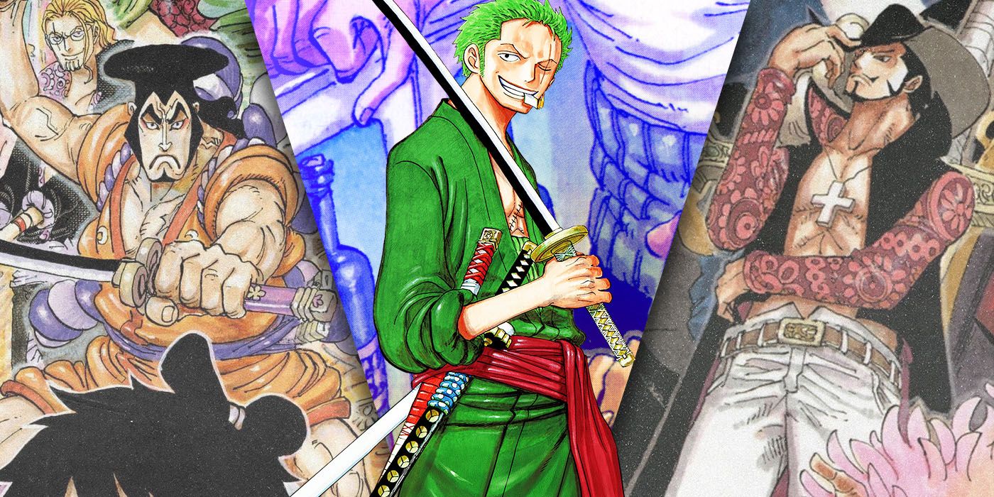 Split Images of Oden, Zoro, and Mihawk