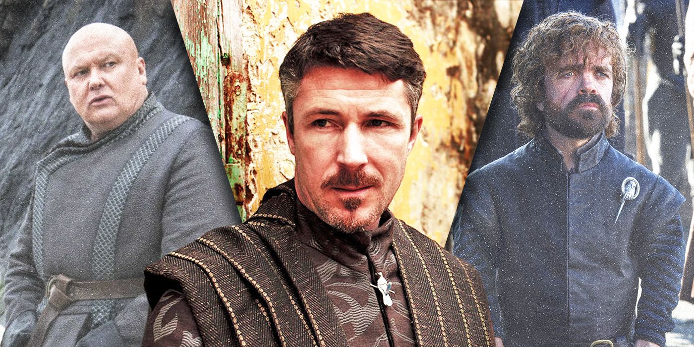 Split images of Petyr Baelish, Tyrion Lannister, and Lord Varys