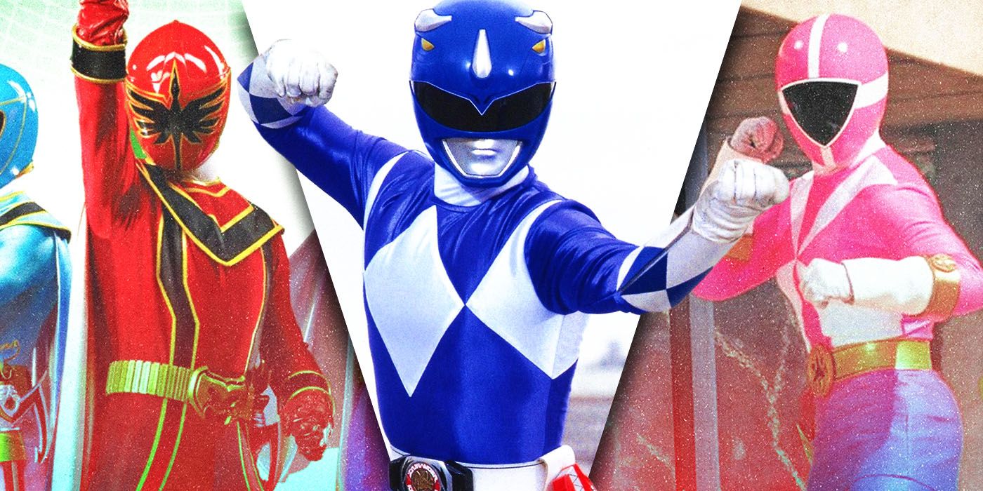 Split Images of Red Mystic Force, Blue Mighty Morphin, and Pink Lightspeed Rescue Power Rangers