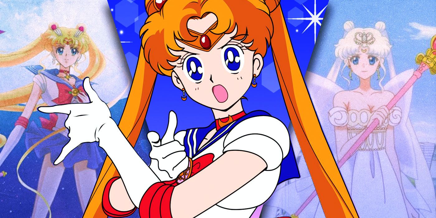 Split Images of Sailor Moon from Sailor Moon Crystal, Sailor Moon from the original anime, Princess Serenity from Sailor Moon Crystal