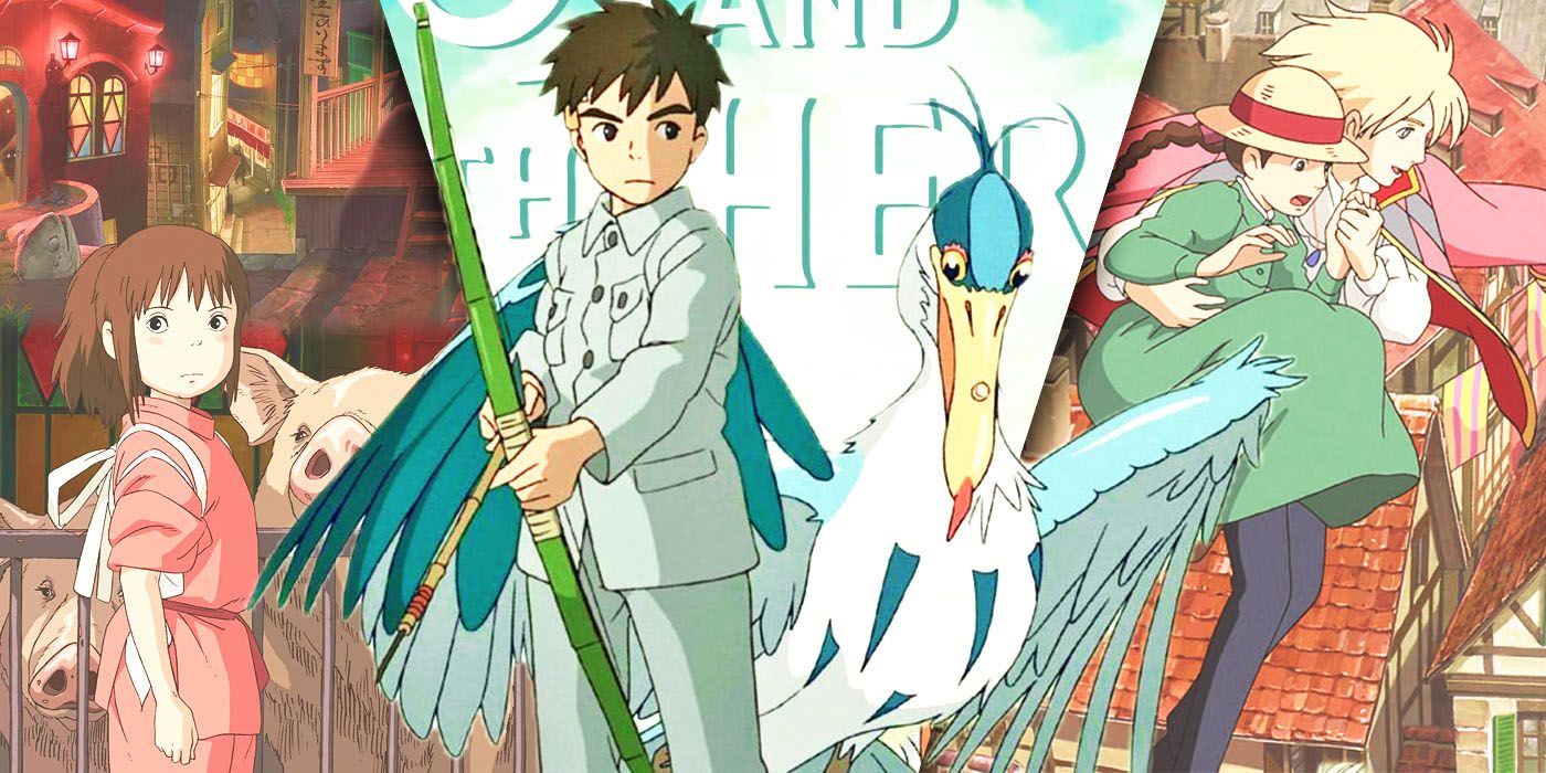 Split Images of Spirited Away, The Boy and The Heron, and Howl's Moving Castle