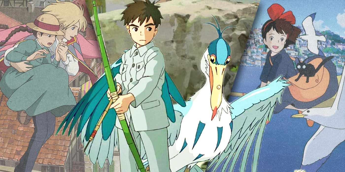 Split Images of The Boy and the Heron, Howl's Moving Castle, and Kiki's Delivery Service