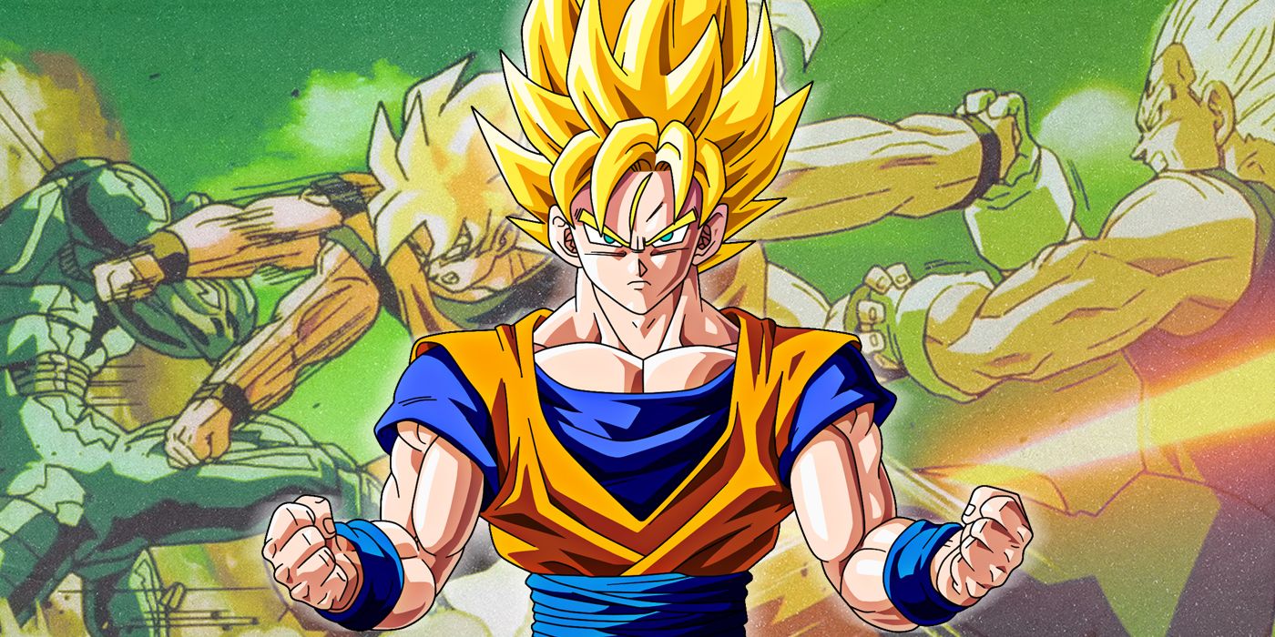 Super Saiyan Goku in the foreground center with scenes of him fighting Frieza and Majin Vegeta in the background.