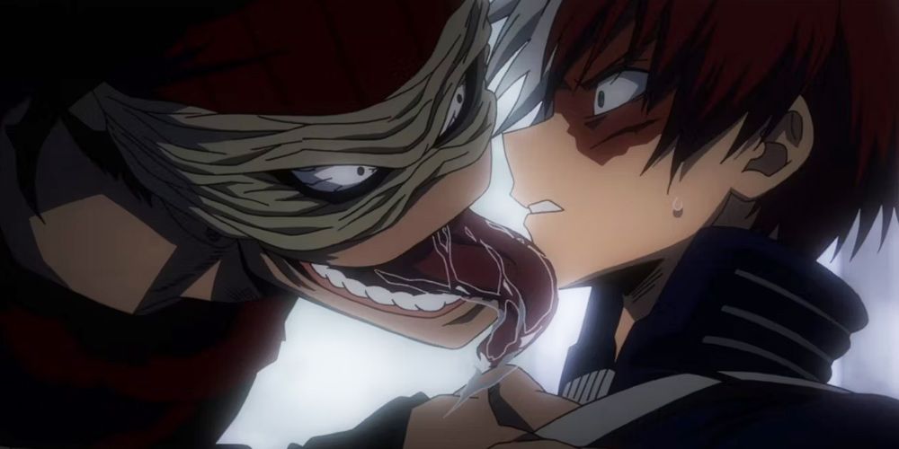 Stain tries to lick the blood on Shotos face in My Hero Academia