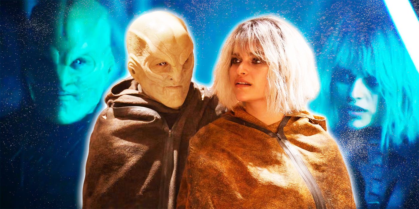 L'ak (actor Elias Toufexis) stands behind Moll in brown robes on Star Trek: Discovery