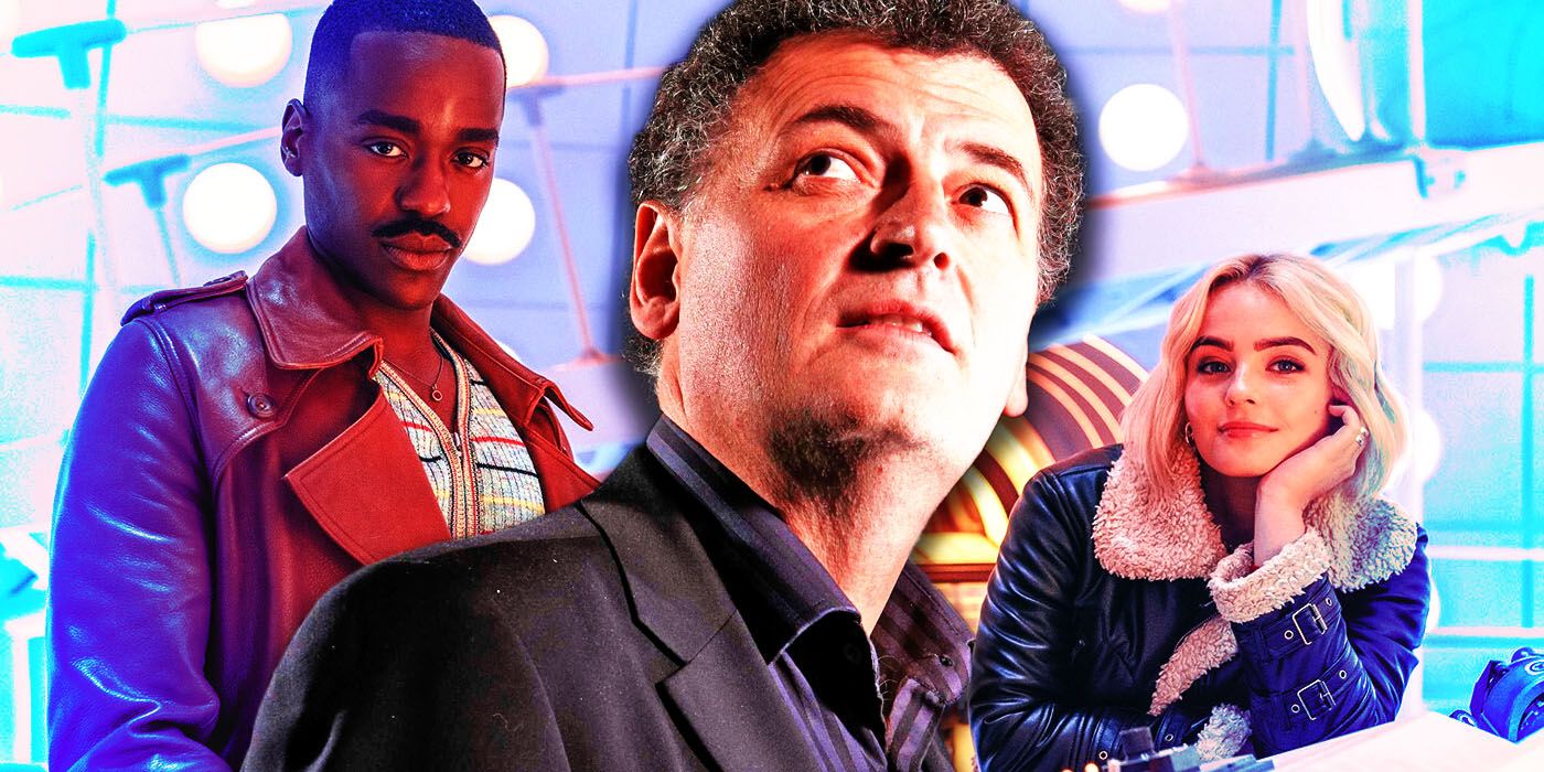 Doctor Who writer Steven Moffat in front of an image of Ncuti Gatwa and Millie Gibson in the TARDIS.