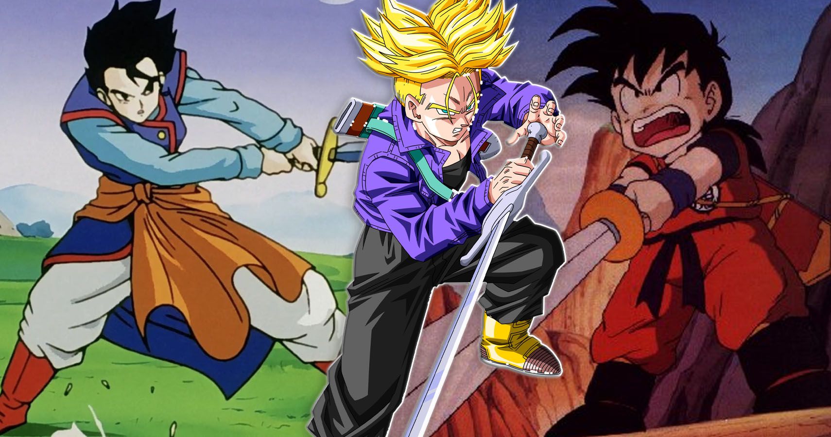 Super Saiyan Future Trunks overlaid on kid and adult Gohan all holding Swords from Dragon Ball Z