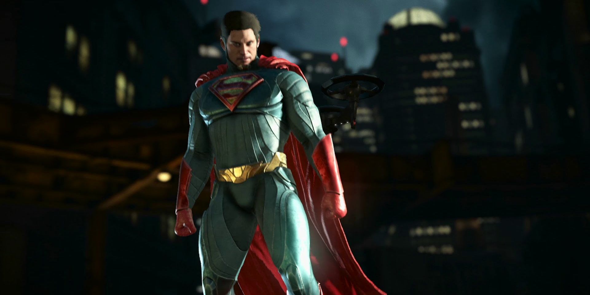 Superman olha para seu oponente enquanto ele flutua no ar em Injustice 2