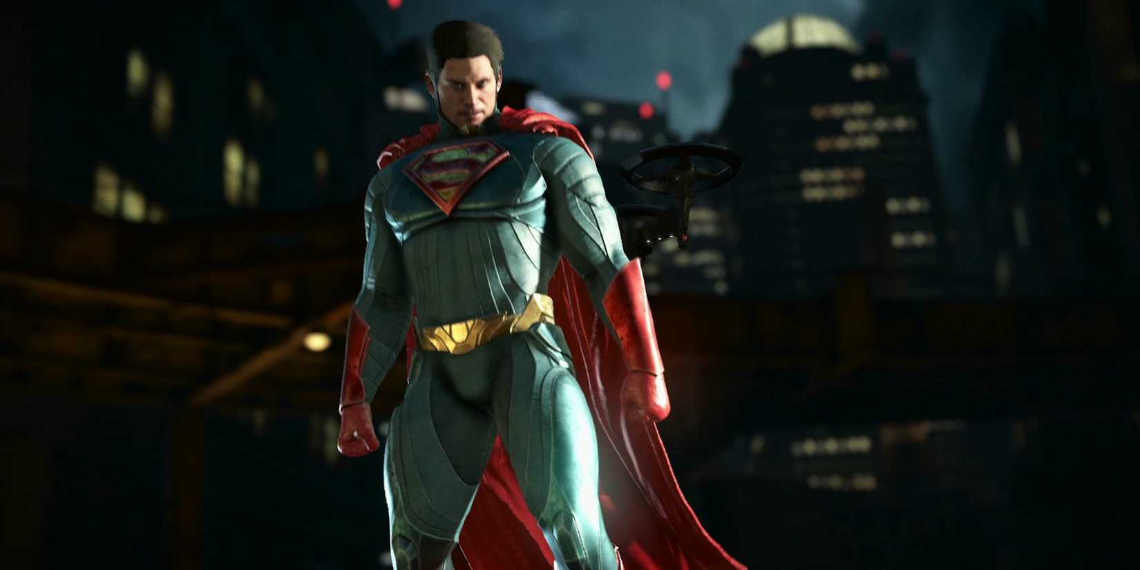 Superman looks down on his opponent as he floats in the air in Injustice 2