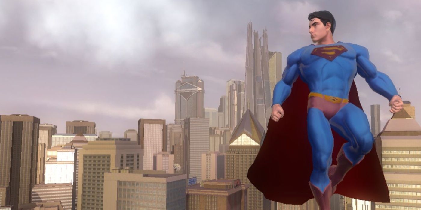 Superman flying above the cityscape in the Superman Returns tie-in game.