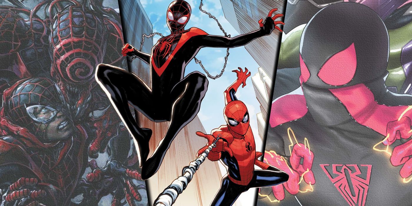 Split image of Spider-Men swinging with Miles' new suit and his Absolute Carnage tie-in in the background