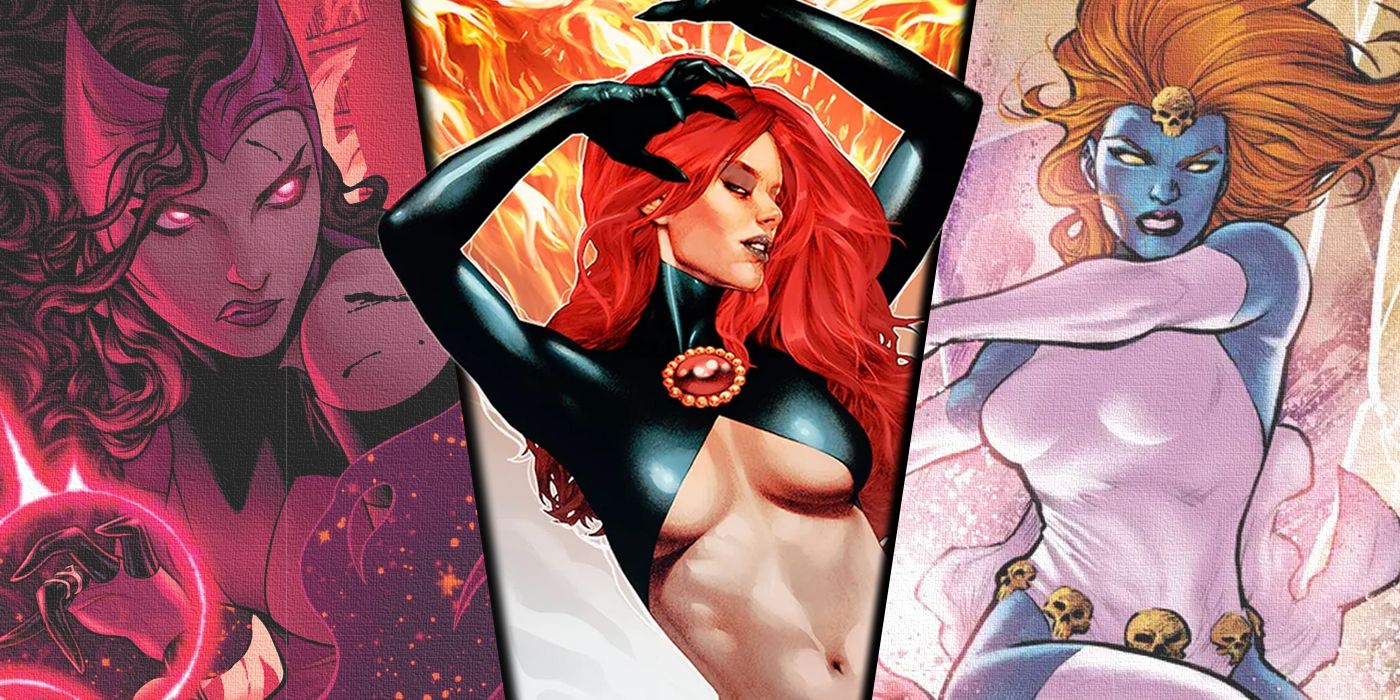 Split image of Scarlet Witch, Madelyne Pryor and Mystique from Marvel Comics