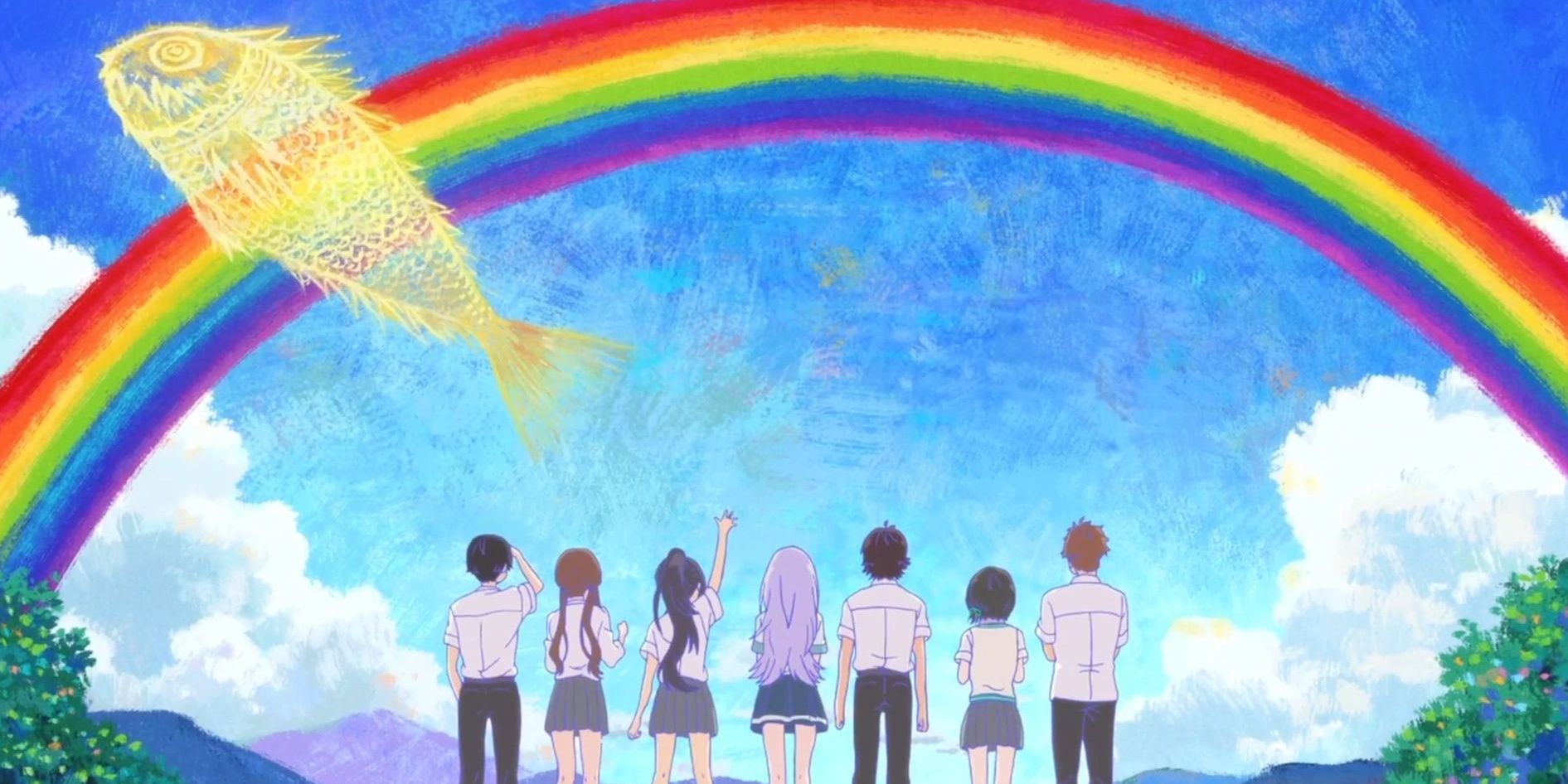 Hitomi and the rest of the main cast of Iroduku stare up at a bright rainbow in the sky