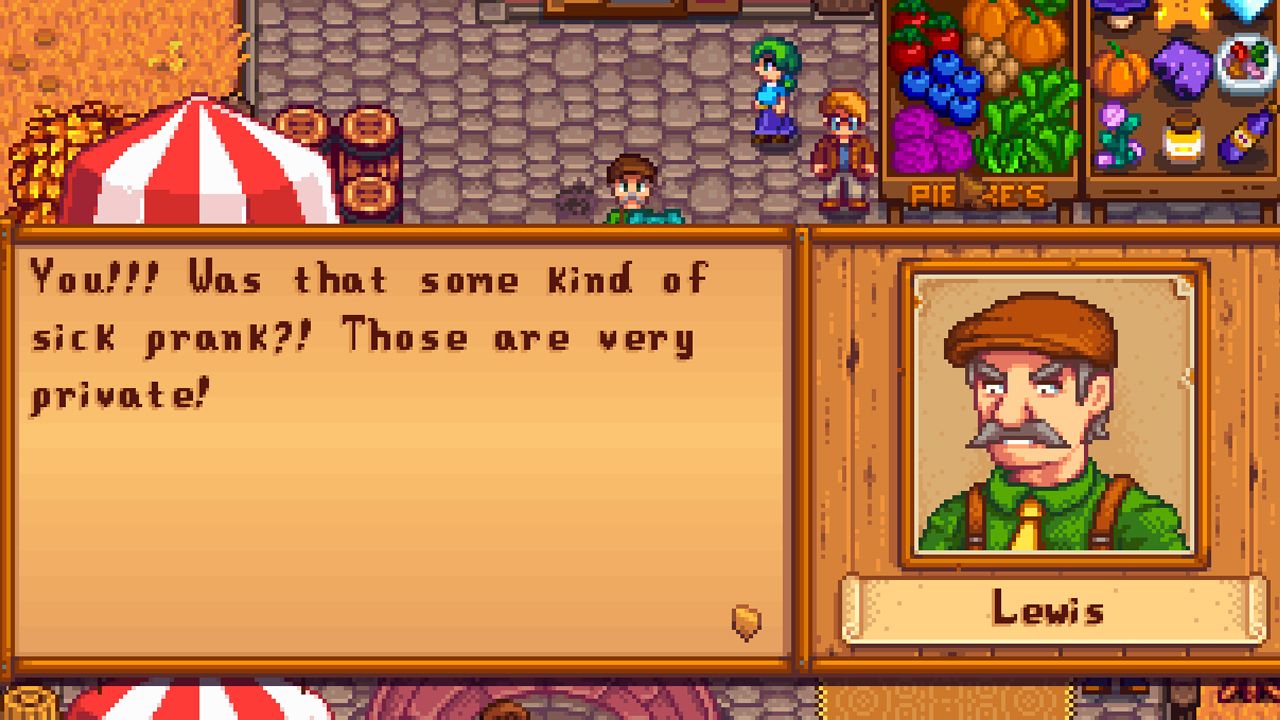 El alcalde reacciona a sus pantalones cortos morados en Grange Display en Stardew Valley.