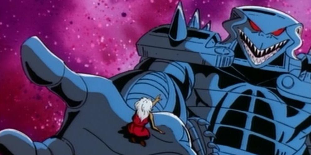 The Shadow King holds a young MjNari in his hands in order to possess him in "Whatever it Takes" in X-Men The Animated Series