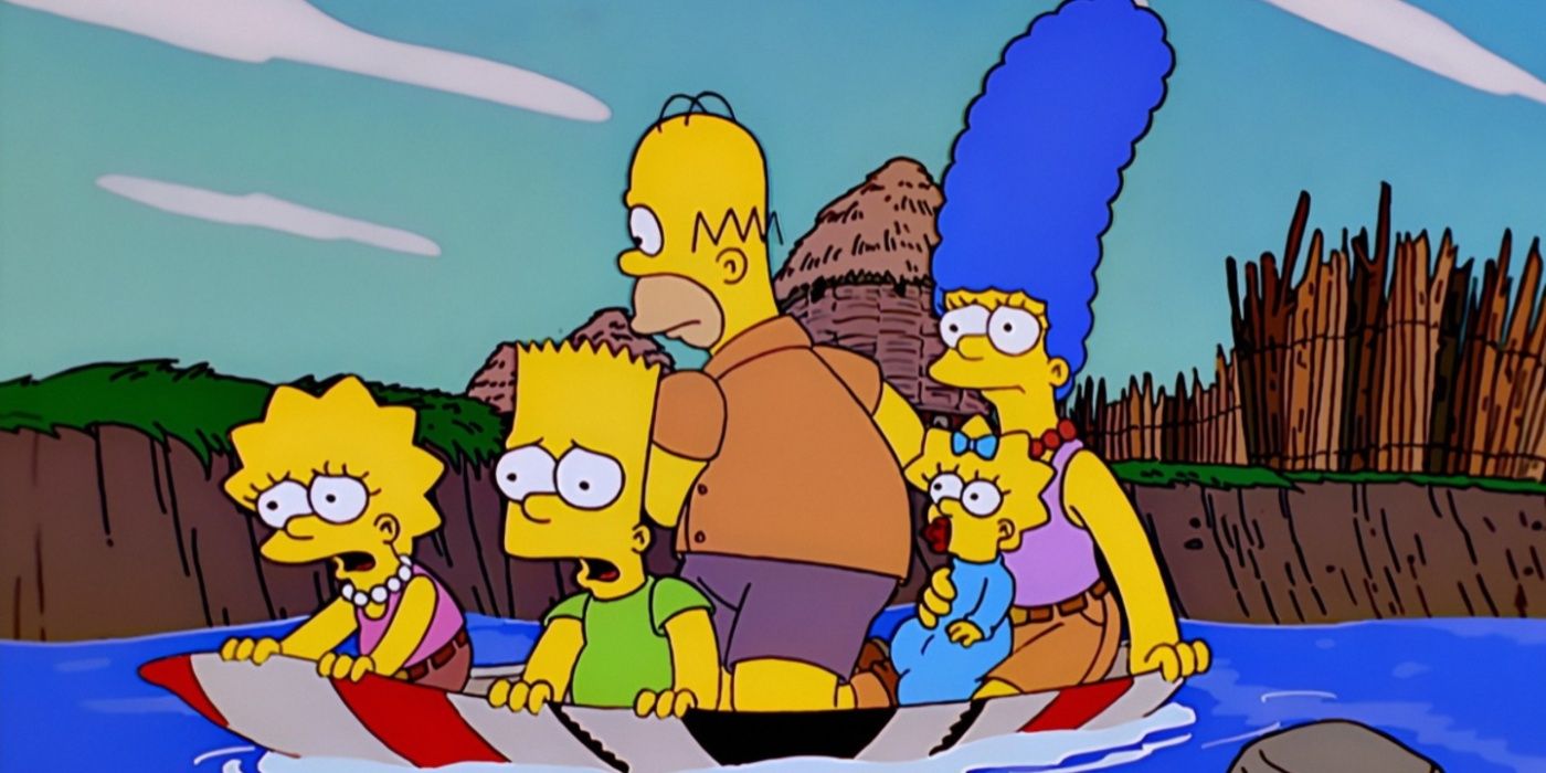 A família Simpson escapa em uma canoa improvisada em "Simpson Safari"