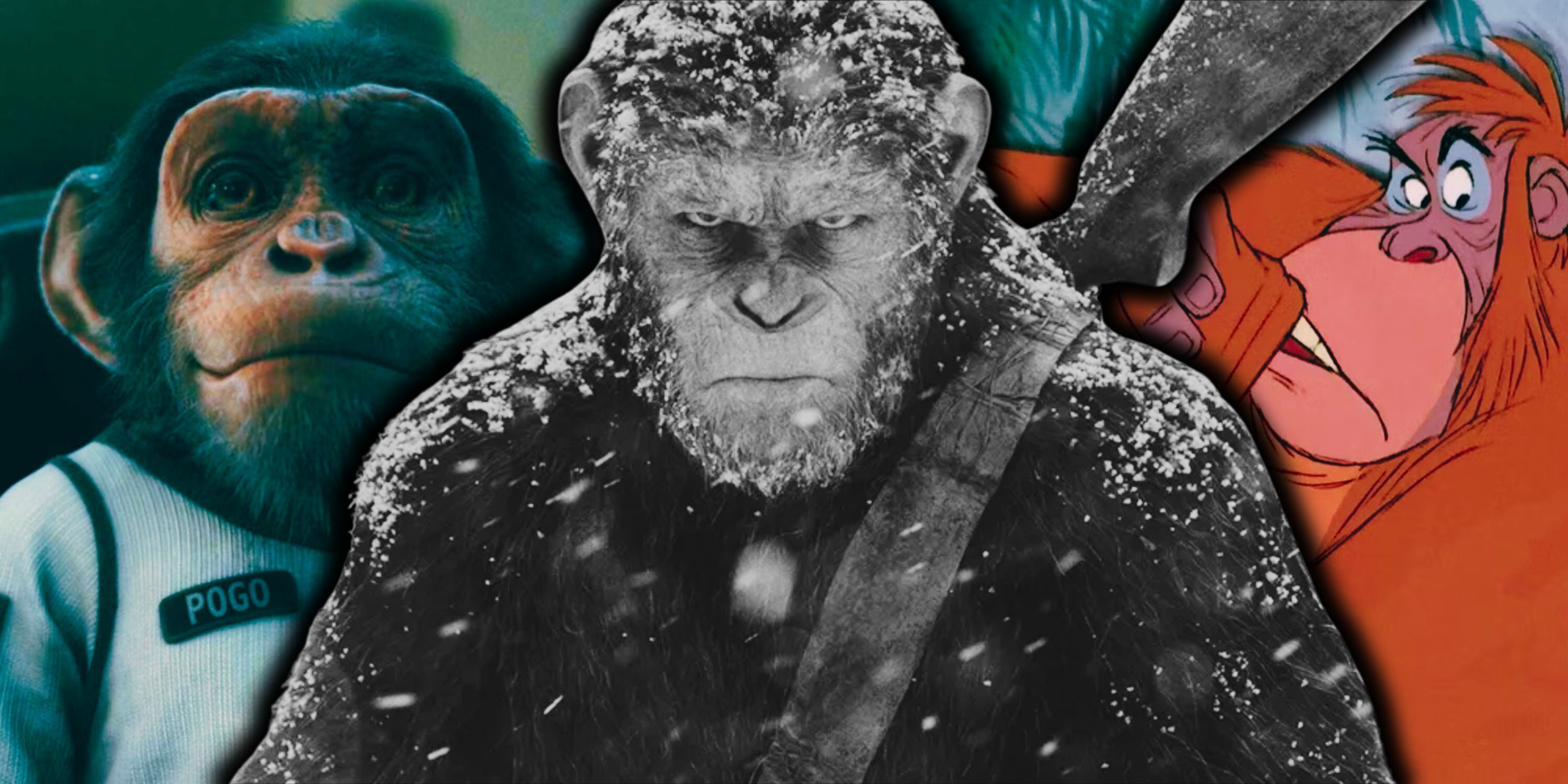 Composite image Pogo, Caesar and King Louie great movie apes