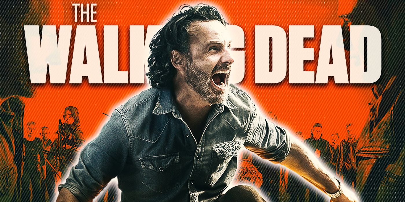 Rick Grimes in front of The Walking Dead Season 8 logo and cast