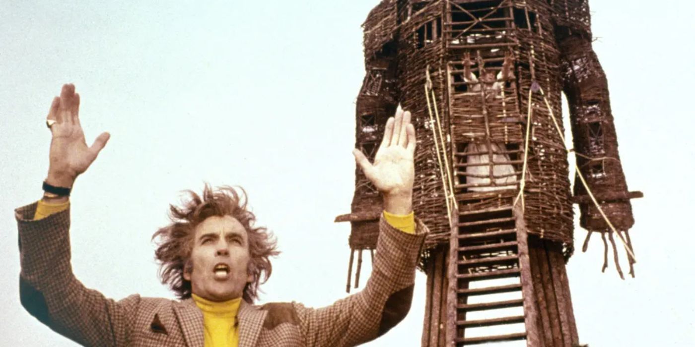 Lord Summerisle shouts with the Wicker Man statue behind him