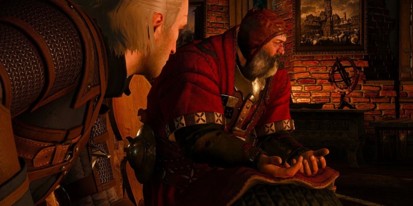 Geralt de Rivia conversando com o Barão Sangrento em The Witcher 3: Wild Hunt.