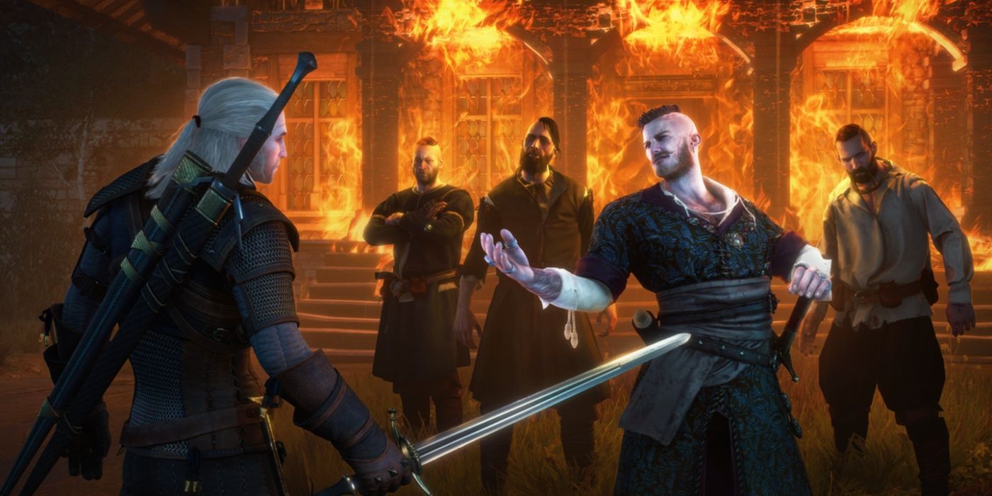The Witcher 3: Wild Hunt – Arte principal de Hearts of Stone apresentando Geralt enfrentando a gangue de Olgierd.