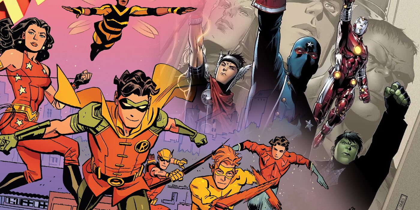 Split image of the Young Avengers and The Teen Titans
